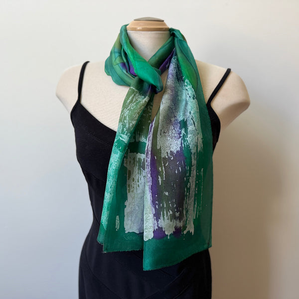 Green batik silk shawl, handpainted, art to wear. Rozome. Designer scarf.