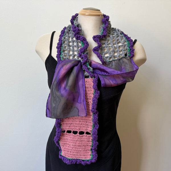 Hand crochet art scarf, pink, purple, grey, one-of-a-kind scarf