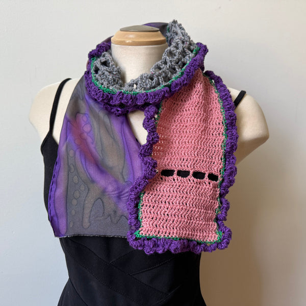 Hand crochet art scarf, pink, purple, grey, one-of-a-kind scarf