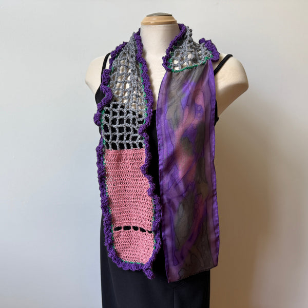Hand crochet art scarf, pink, purple, grey, one-of-a-kind scarf