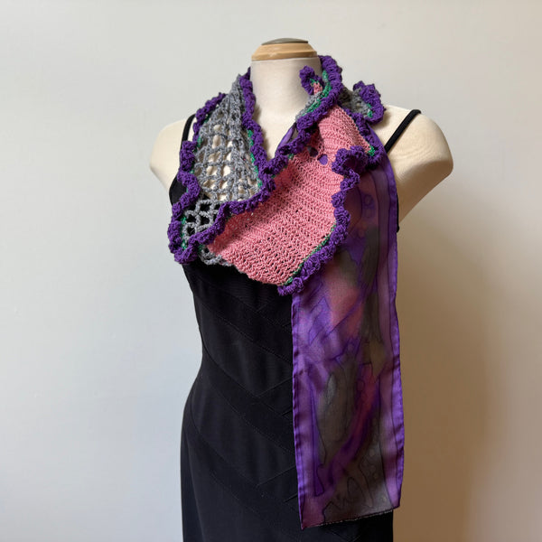 Hand crochet art scarf, pink, purple, grey, one-of-a-kind scarf