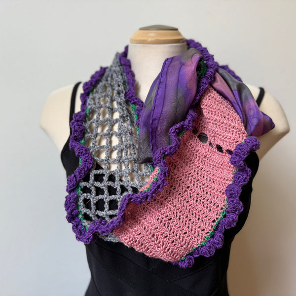 Hand crochet art scarf, pink, purple, grey, one-of-a-kind scarf