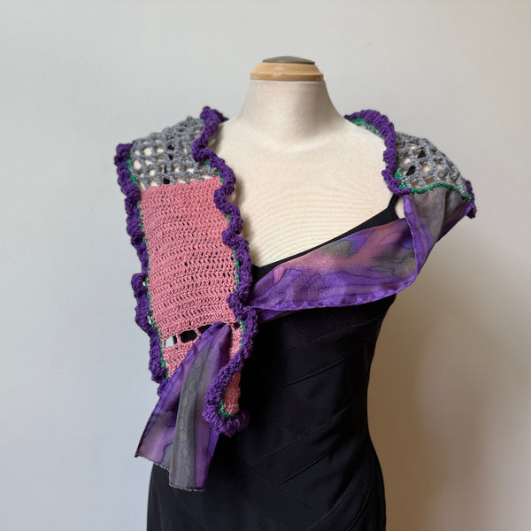 Hand crochet art scarf, pink, purple, grey, one-of-a-kind scarf