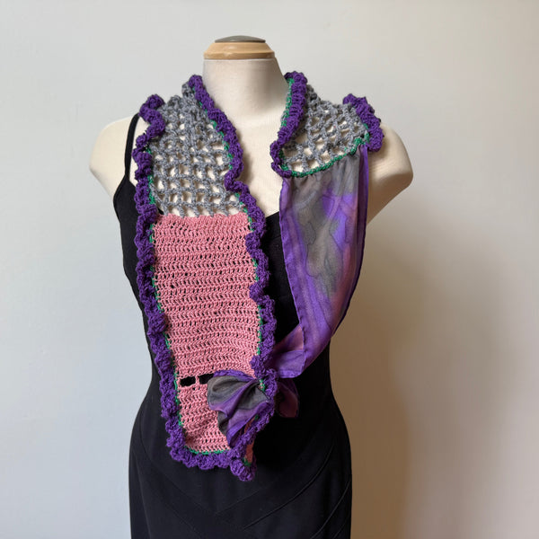 Hand crochet art scarf, pink, purple, grey, one-of-a-kind scarf