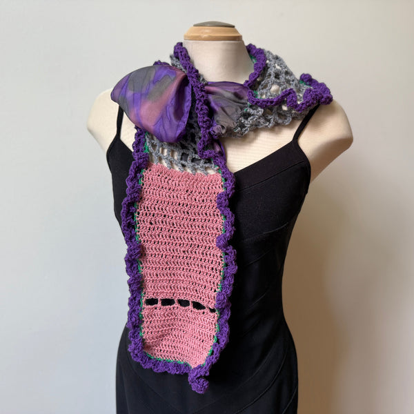 Hand crochet art scarf, pink, purple, grey, one-of-a-kind scarf