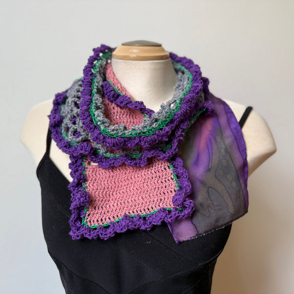 Hand crochet art scarf, pink, purple, grey, one-of-a-kind scarf