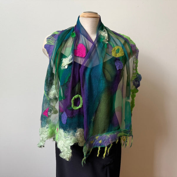 Green art scarf, hand painted and hand felted.