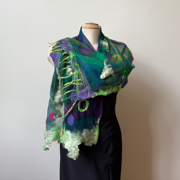 Green art scarf, hand painted and hand felted.