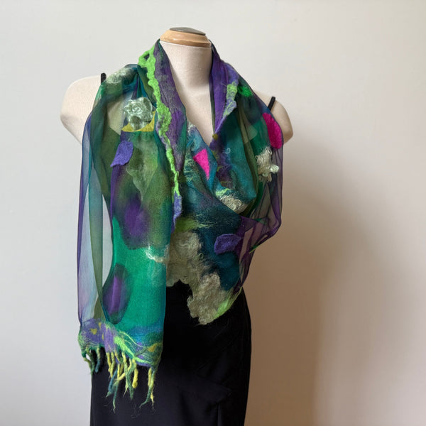 Green art scarf, hand painted and hand felted.