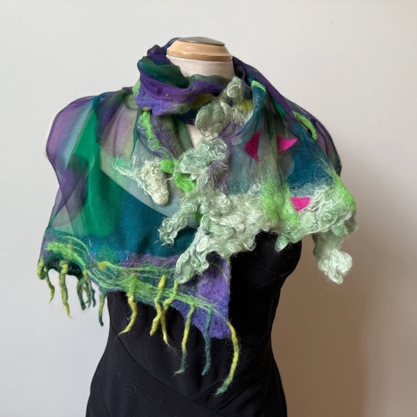 Green art scarf, hand painted and hand felted.