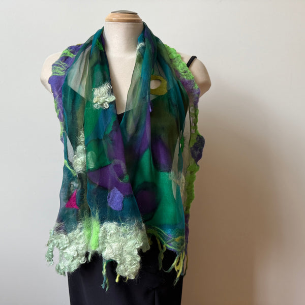Green art scarf, hand painted and hand felted.