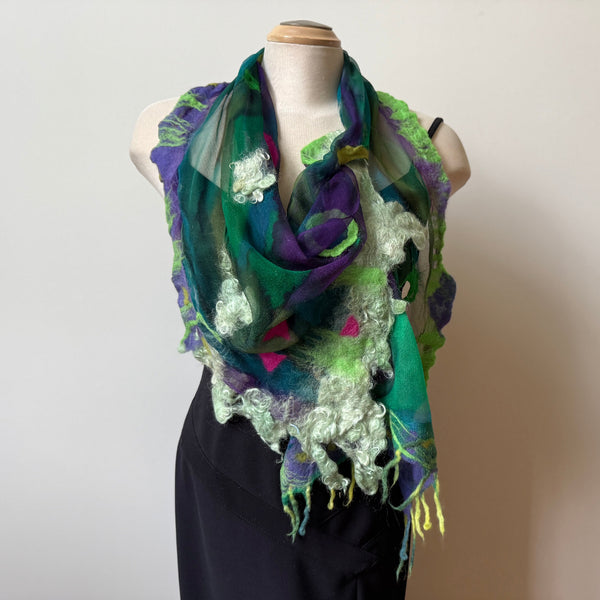 Green art scarf, hand painted and hand felted.