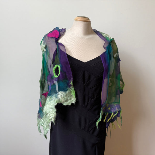 Green art scarf, hand painted and hand felted.