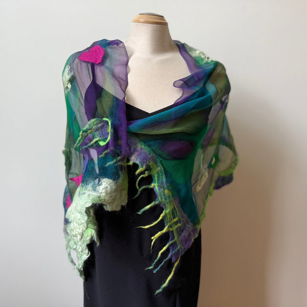 Green art scarf, hand painted and hand felted.