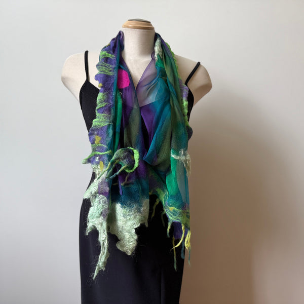Green art scarf, hand painted and hand felted.