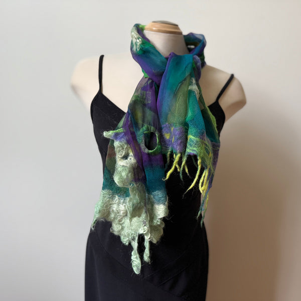 Green art scarf, hand painted and hand felted.