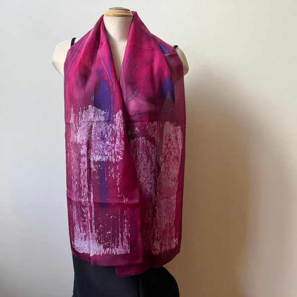 Red batik silk scarf, handpainted, art to wear. designer scarf, rozome.