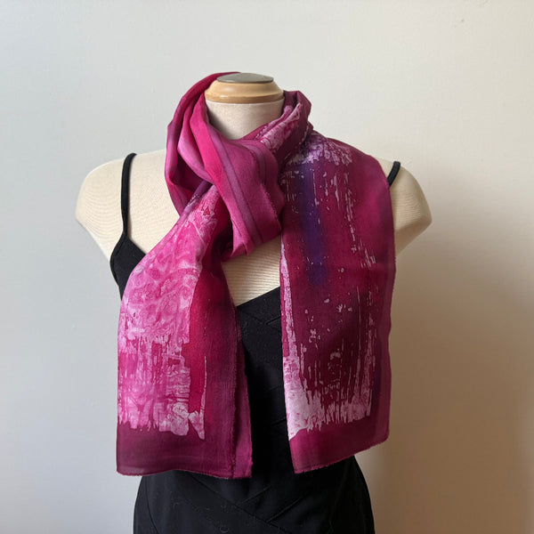 Red batik silk scarf, handpainted, art to wear. designer scarf, rozome.