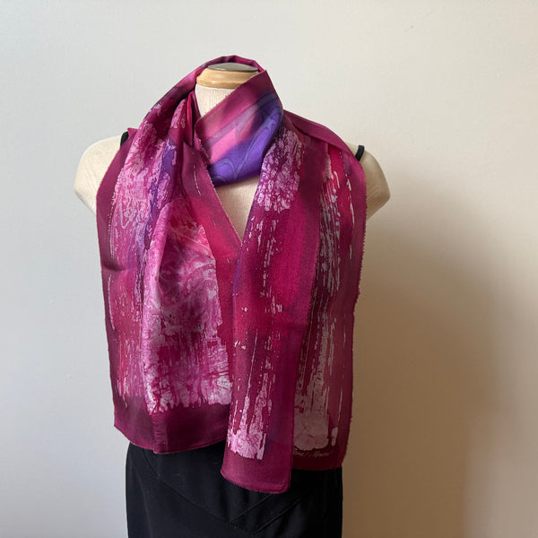 Red batik silk scarf, handpainted, art to wear. designer scarf, rozome.
