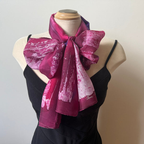 Red batik silk scarf, handpainted, art to wear. designer scarf, rozome.