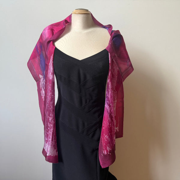Red batik silk scarf, handpainted, art to wear. designer scarf, rozome.