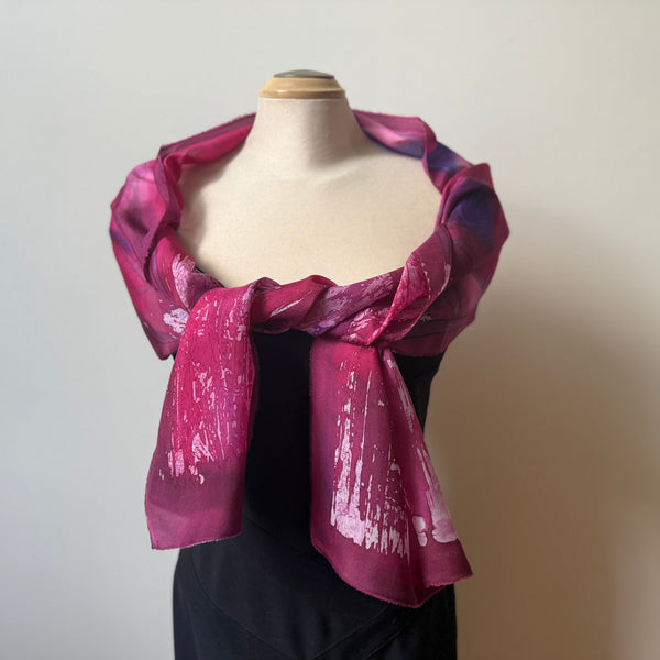 Red batik silk scarf, handpainted, art to wear. designer scarf, rozome.