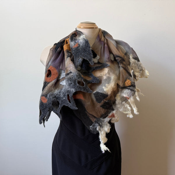 Nuno felted square scarf, hand-painted silk and merino wool. Art scarf in neutral colours, one of a kind, art to wear.