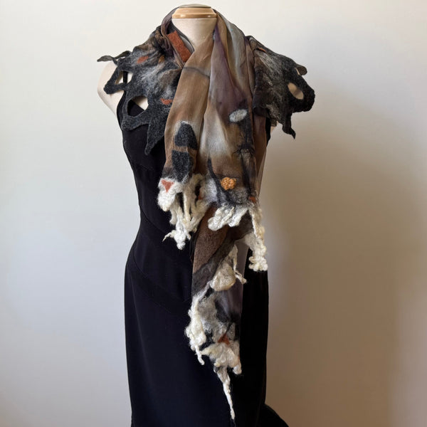 Nuno felted square scarf, hand-painted silk and merino wool. Art scarf in neutral colours, one of a kind, art to wear.