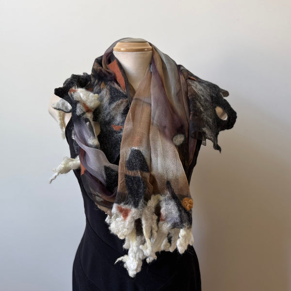 Nuno felted square scarf, hand-painted silk and merino wool. Art scarf in neutral colours, one of a kind, art to wear.