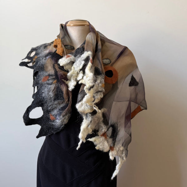 Nuno felted square scarf, hand-painted silk and merino wool. Art scarf in neutral colours, one of a kind, art to wear.