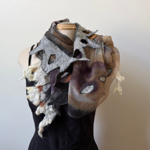 Nuno felted square scarf, hand-painted silk and merino wool. Art scarf in neutral colours, one of a kind, art to wear.