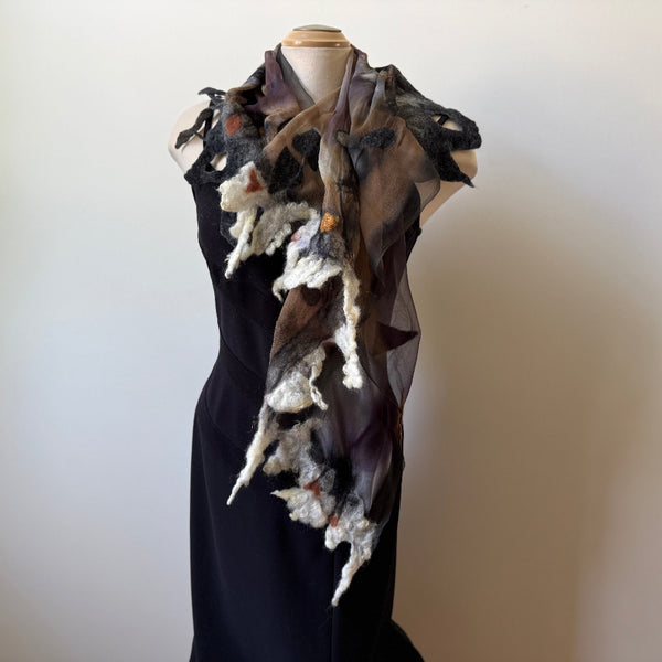 Nuno felted square scarf, hand-painted silk and merino wool. Art scarf in neutral colours, one of a kind, art to wear.