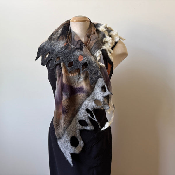 Nuno felted square scarf, hand-painted silk and merino wool. Art scarf in neutral colours, one of a kind, art to wear.