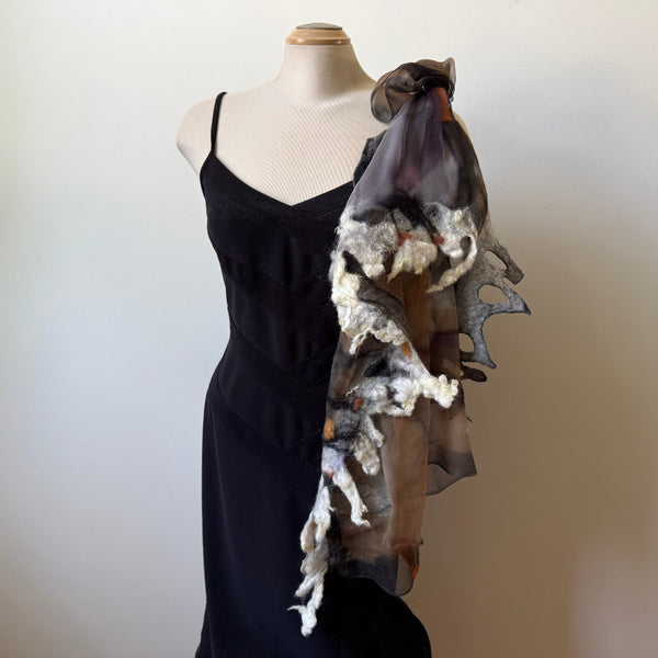 Nuno felted square scarf, hand-painted silk and merino wool. Art scarf in neutral colours, one of a kind, art to wear.