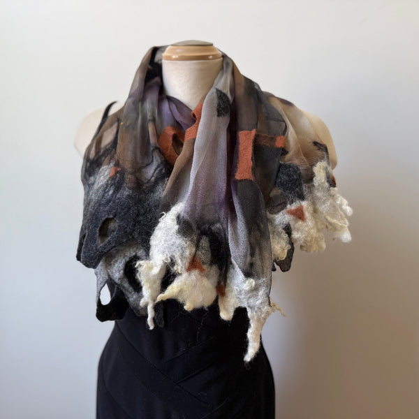 Nuno felted square scarf, hand-painted silk and merino wool. Art scarf in neutral colours, one of a kind, art to wear.