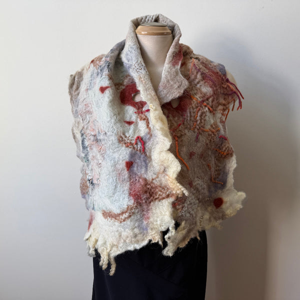 Hand felted off white art scarf. Art to wear. Wool  and painted silk scarf. Boho scarf