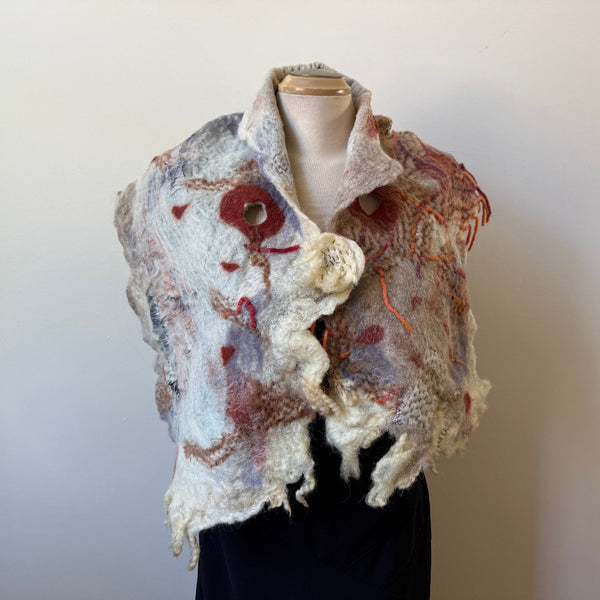 Hand felted off white art scarf. Art to wear. Wool  and painted silk scarf. Boho scarf