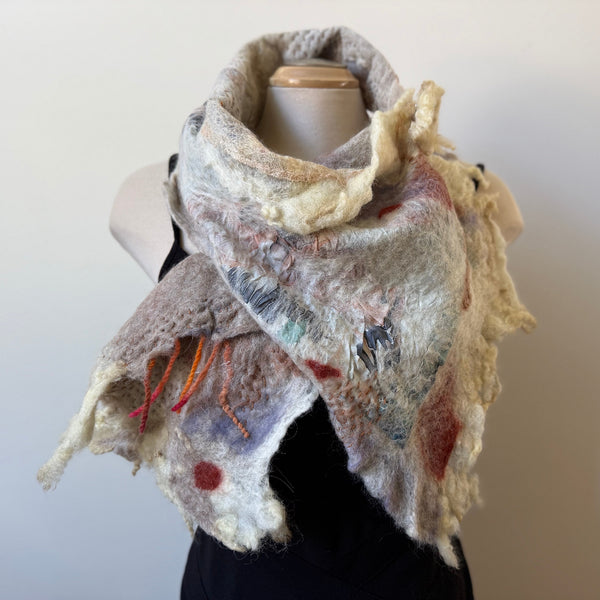 Hand felted off white art scarf. Art to wear. Wool  and painted silk scarf. Boho scarf