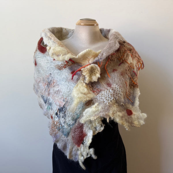 Hand felted off white art scarf. Art to wear. Wool  and painted silk scarf. Boho scarf