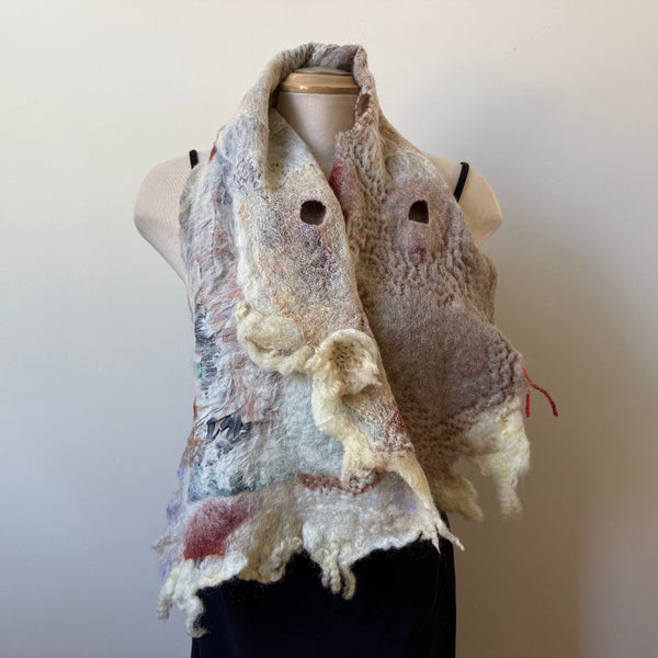 Hand felted off white art scarf. Art to wear. Wool  and painted silk scarf. Boho scarf
