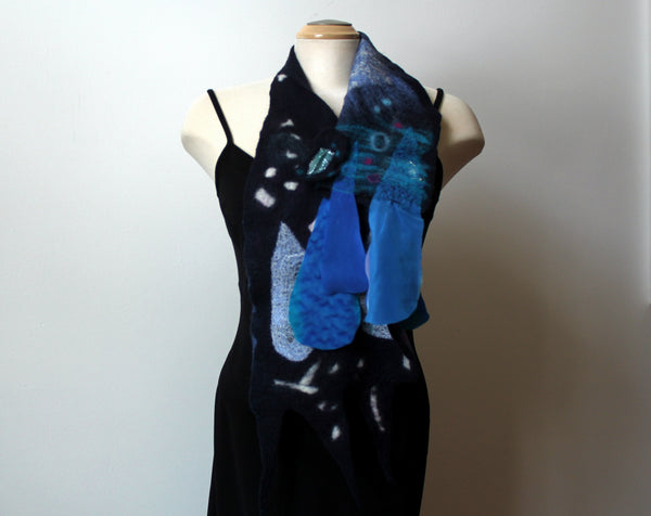 Navy blue hand felted wool and silk scarf,  art to wear