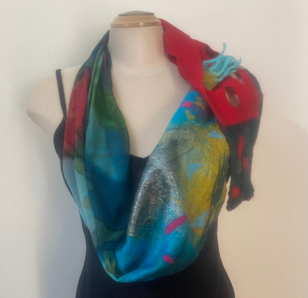 Unique had painted and hand felted silk and merino wool scarf, art to wear. Designer art scarf. One of a kind.