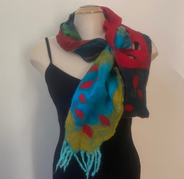 Unique had painted and hand felted silk and merino wool scarf, art to wear. Designer art scarf. One of a kind.