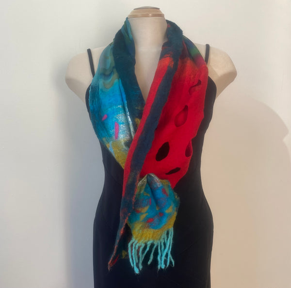 Unique had painted and hand felted silk and merino wool scarf, art to wear. Designer art scarf. One of a kind.