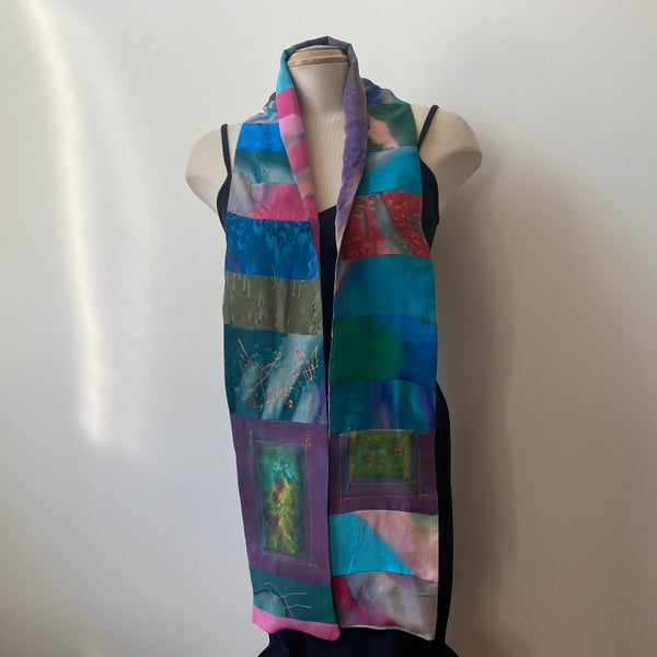 Pieced hand painted silk scarf, unisex.