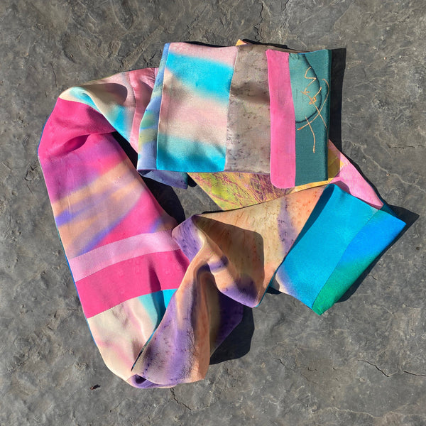 Pieced hand painted silk scarf, unisex.