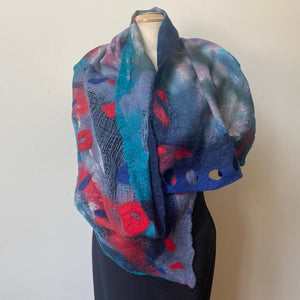 Blue and red hand felted shawl, art to wear, designer art scarf