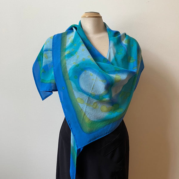 Blue hand painted silk wrap, designer scarf, art to wear