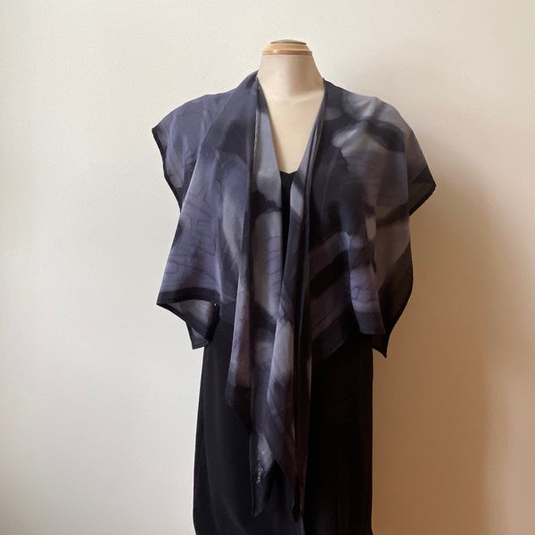 Black and grey handpainted silk wrap, art to wear, designer scarf