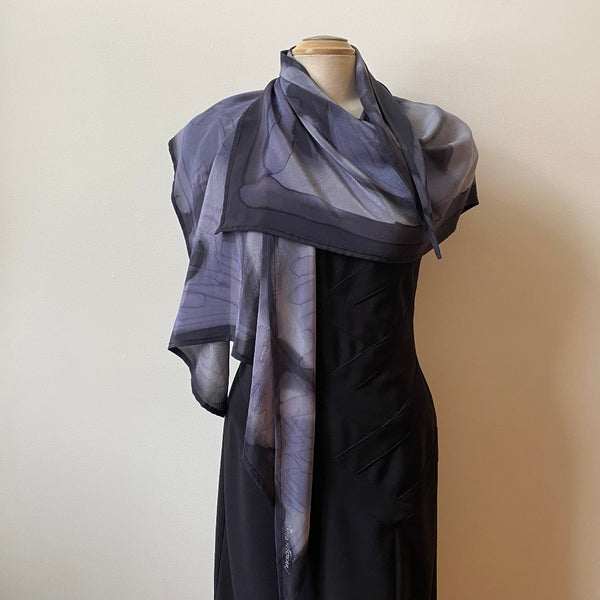 Black and grey handpainted silk wrap, art to wear, designer scarf